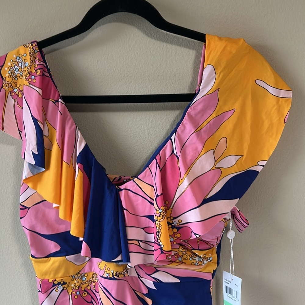 Trina Turk  One Piece Swimsuit sz 8 Breeze Ruffle V-Neck Plunge Tropical NEW - Picture 5 of 9